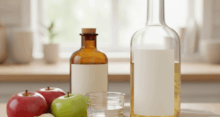 Kiemelt kép: üveg, szűretlen almaecet friss almákkal és pohár vízzel, természetes fényben, fa asztalon.