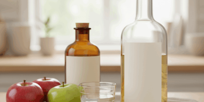 Kiemelt kép: üveg, szűretlen almaecet friss almákkal és pohár vízzel, természetes fényben, fa asztalon.