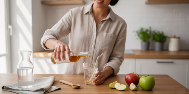Almaecet fogyasztása látható a képen. Felnőtt egy világos konyhában hígított almaecetes italt készít: kevés almaecetet önt vízbe, szívószálas pohár, almák és mérőkanál az asztalon, természetes fényben.