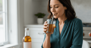 Szűretlen almaecet üvegben, pohár víz és almaszeletek mellett, letisztult, kutatás-hangulatú kompozícióban, természetes fényben.