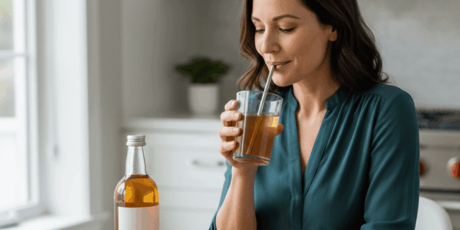 Szűretlen almaecet üvegben, pohár víz és almaszeletek mellett, letisztult, kutatás-hangulatú kompozícióban, természetes fényben.