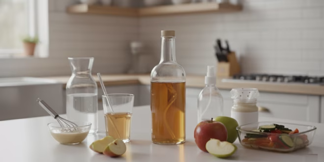 Almaecet mire jó a konyhában: szűretlen almaecet üveg, hígított ital, vinaigrette, pácolt zöldségek és almaszeletek természetes fényben.